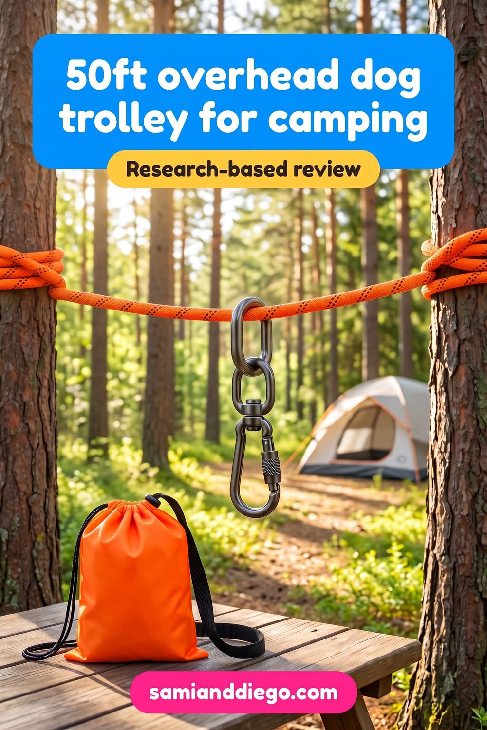 Pin graphic illustrating an overhead dog tie-out trolley line strung between two trees, headlined: 50ft overhead dog trolley for camping