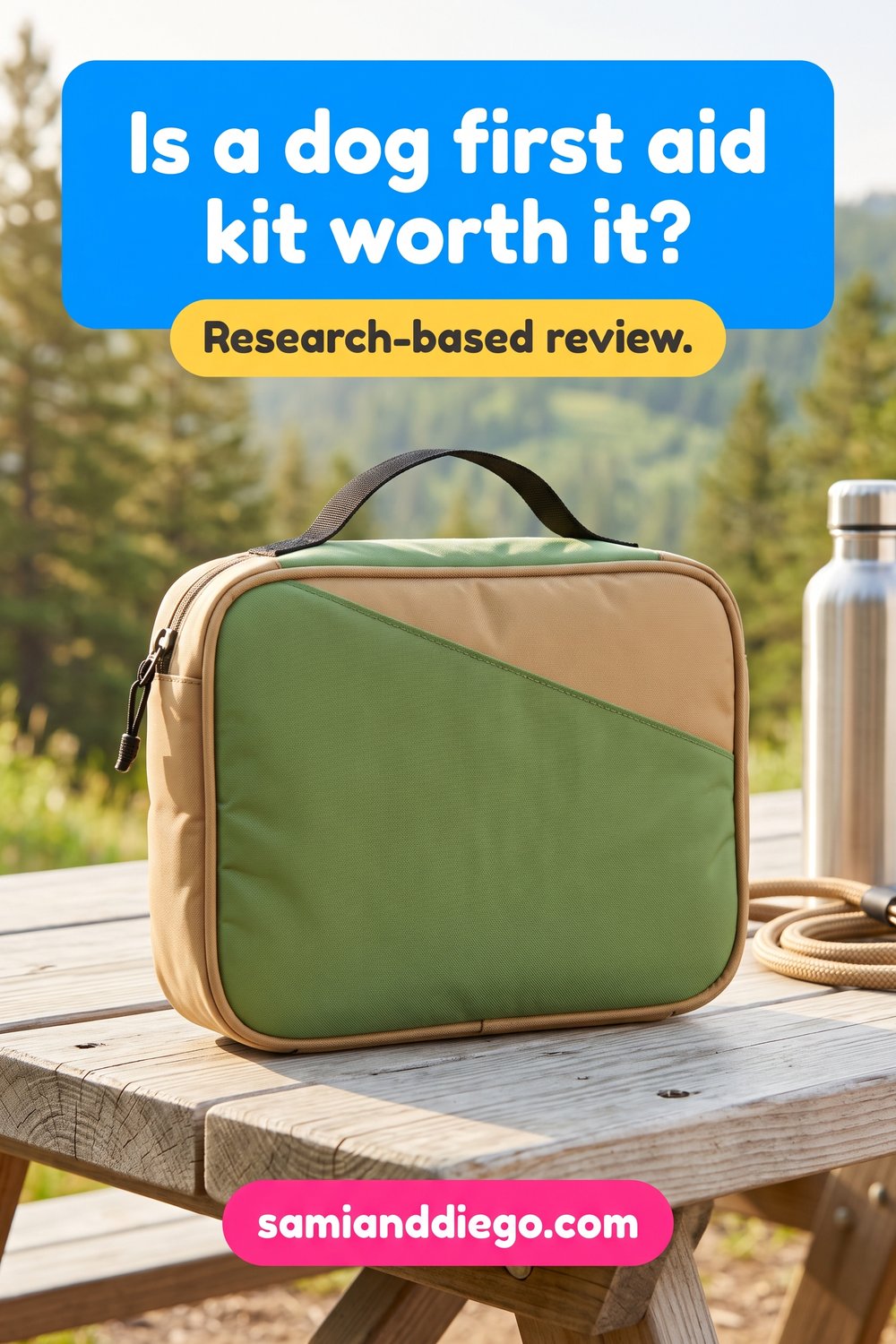 Pin graphic illustrating a green and tan dog first aid kit pouch, headlined: Is a dog first aid kit worth it?