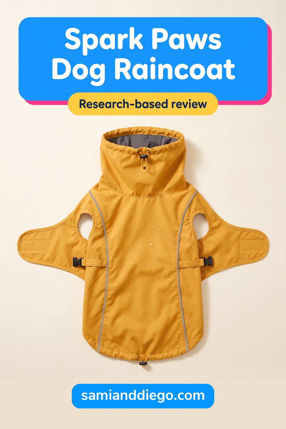 Pin graphic illustrating a full-coverage dog raincoat, headlined: Spark Paws Dog Raincoat