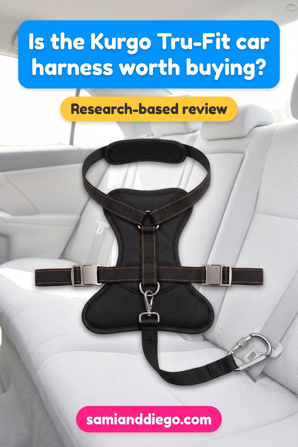 Pin graphic illustrating a black dog car harness with a seatbelt tether, headlined: Is the Kurgo Tru-Fit car harness worth buying?