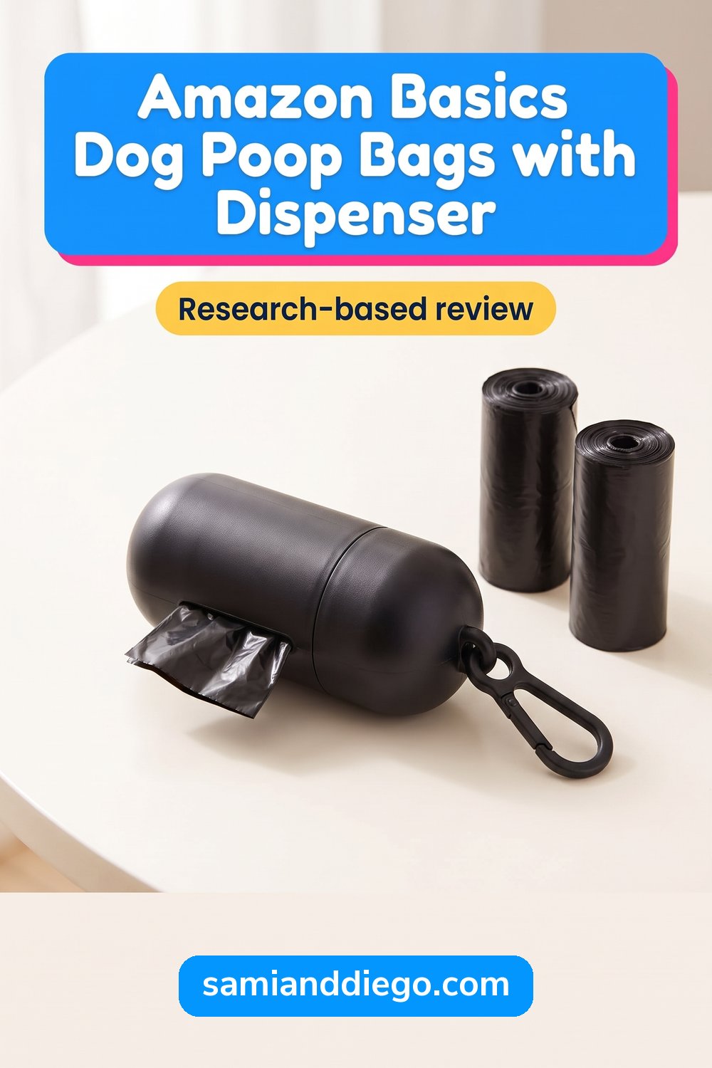 Pin graphic illustrating a leash-clip poop bag dispenser, headlined: Amazon Basics Dog Poop Bags with Dispenser