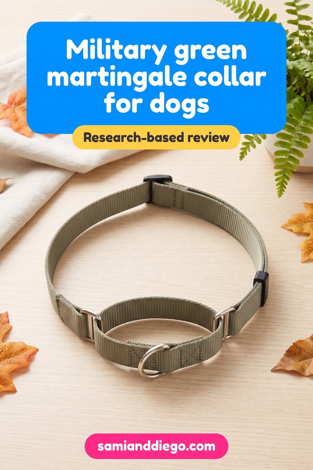 Pin graphic illustrating a military green martingale dog collar, headlined: Military green martingale collar for dogs