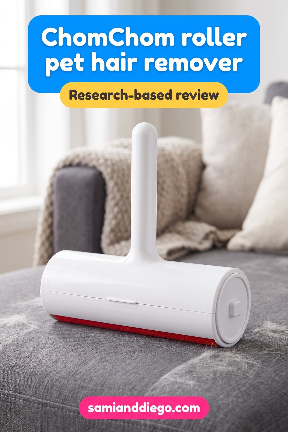 Pin graphic illustrating an enclosed reusable pet hair roller on a sofa cushion, headlined: ChomChom roller pet hair remover