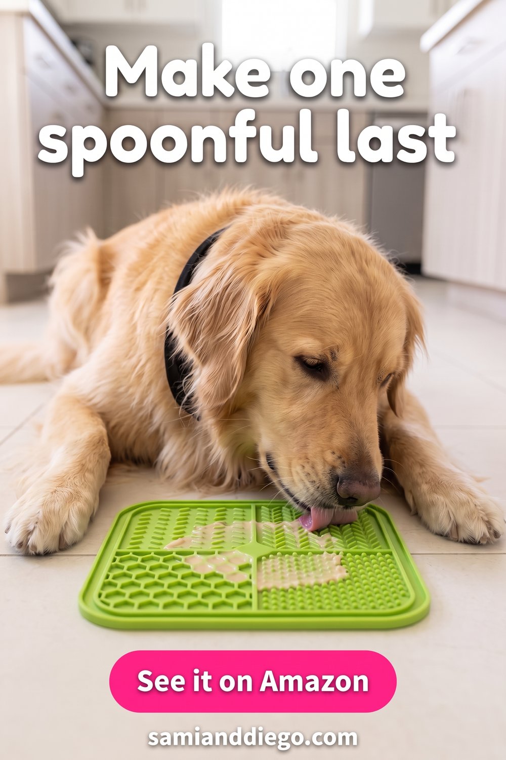 Pin graphic of Diego with a suction-cup lick mat, headlined: Make one spoonful last