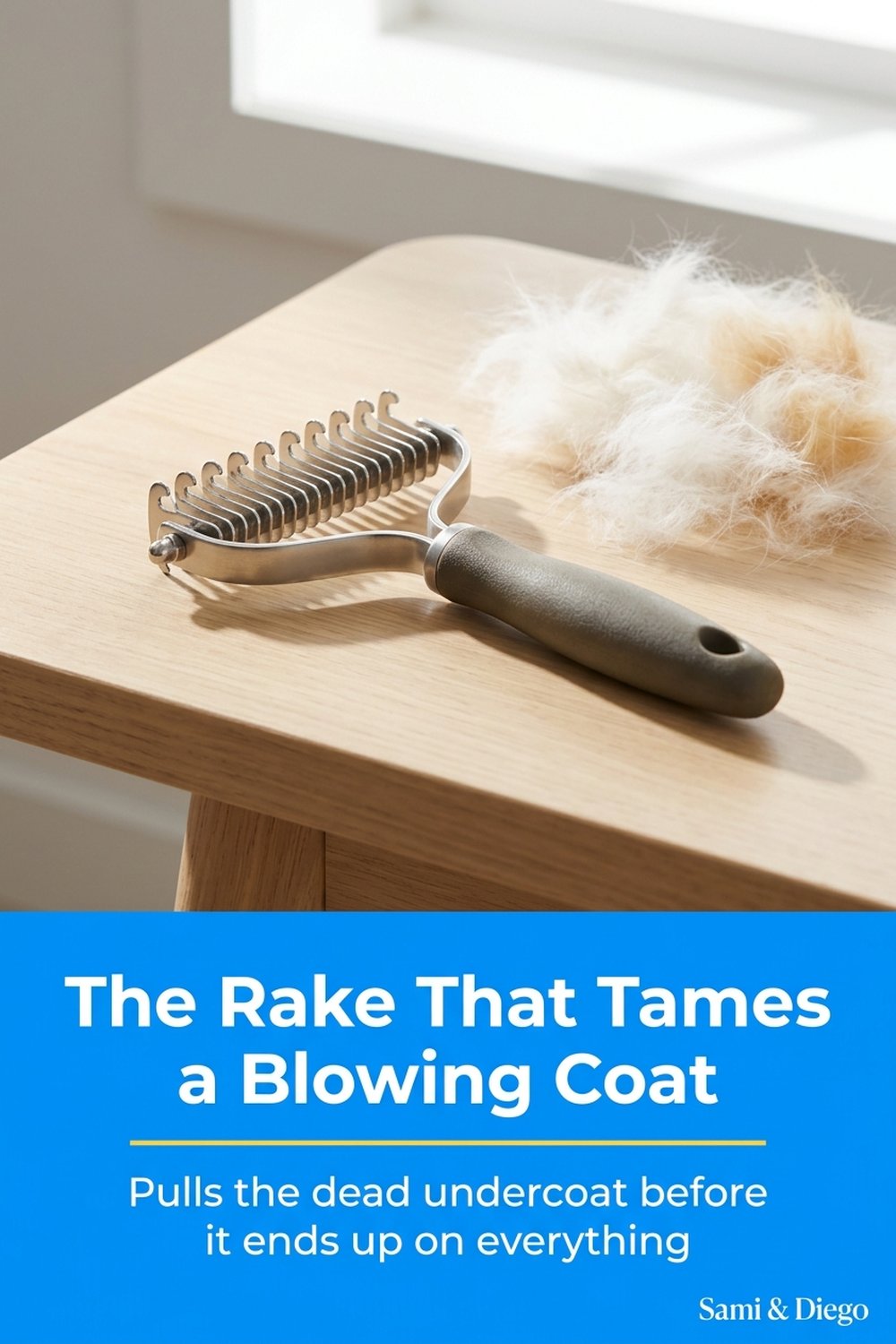 Pin graphic illustrating an undercoat grooming rake, headlined: The Rake That Tames a Blowing Coat